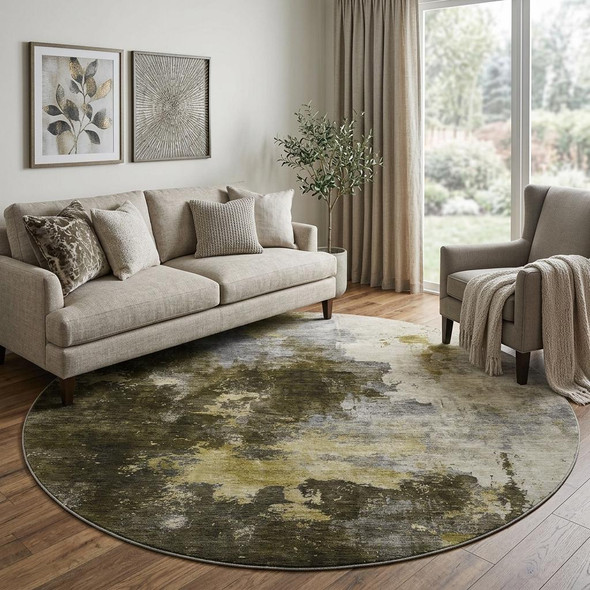 8' Brown Gold And Silver Abstract Washable Round Rug With UV Protection