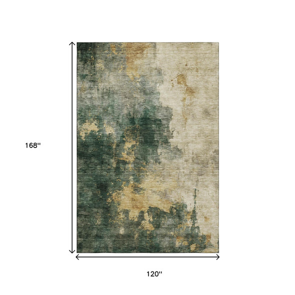 10' X 14' Fern Green Gold And Silver Abstract Washable Area Rug With UV Protection
