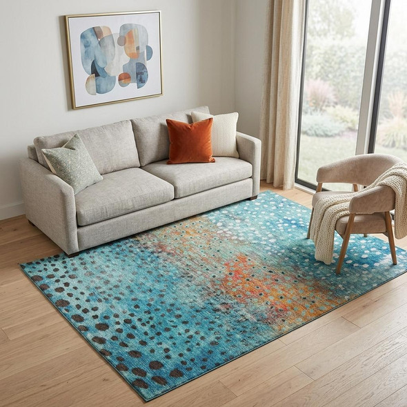 5' X 8' Blue Copper And Ivory Polka Dot Washable Area Rug With UV Protection