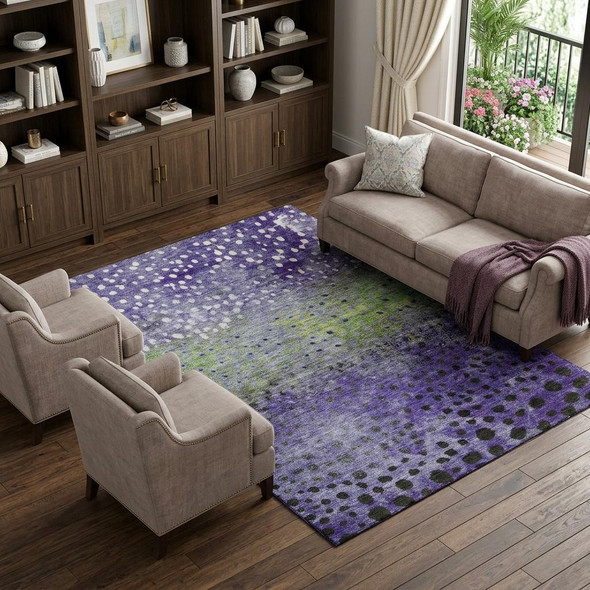 10' X 14' Purple Green And Ivory Polka Dot Washable Area Rug With UV Protection