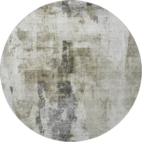 8' Taupe Beige And Brown Abstract Washable Round Rug With UV Protection
