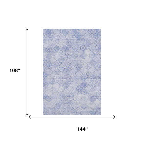 9' X 12' Sky Blue And Ivory Geometric Washable Area Rug With UV Protection