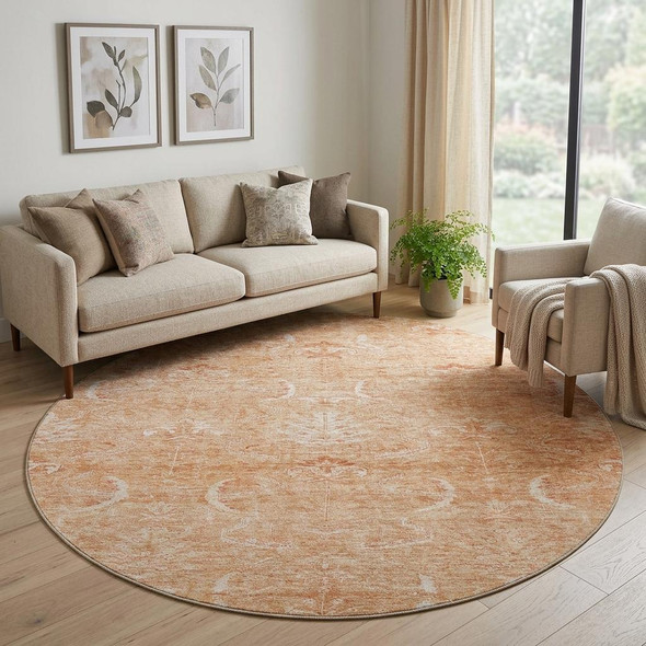 8' Salmon And Ivory Damask Washable Round Rug With UV Protection