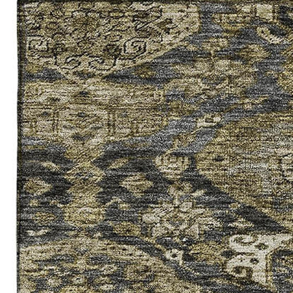 3' X 5' Charcoal And Gray Damask Washable Area Rug With UV Protection