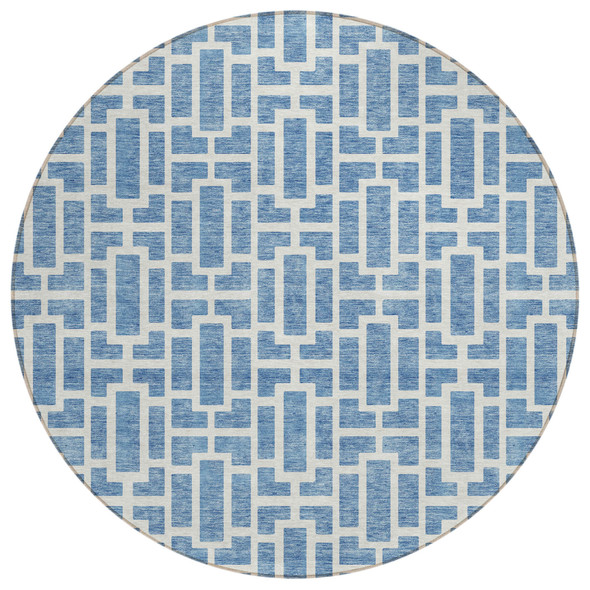 8' Denim Blue And Ivory Round Geometric Washable Indoor Outdoor Area Rug
