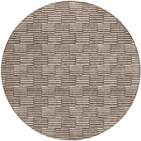 8' Brown And Beige Round Geometric Washable Indoor Outdoor Area Rug
