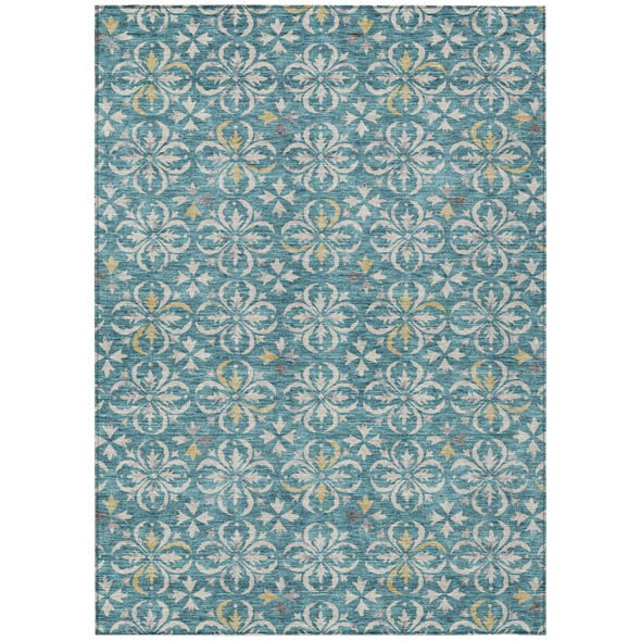 3' X 5' Teal Blue Gray And Gold Floral Washable Indoor Outdoor Area Rug