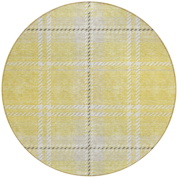 8' Yellow Black And Ivory Round Plaid Washable Indoor Outdoor Area Rug