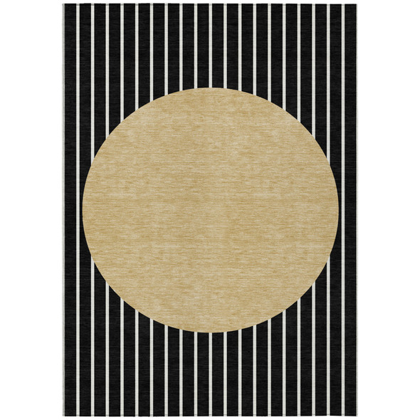 3' X 5' Black And Beige Striped Washable Indoor Outdoor Area Rug