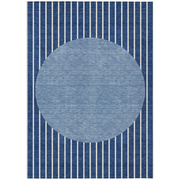 5' X 8' Navy Blue And Gray Striped Washable Indoor Outdoor Area Rug