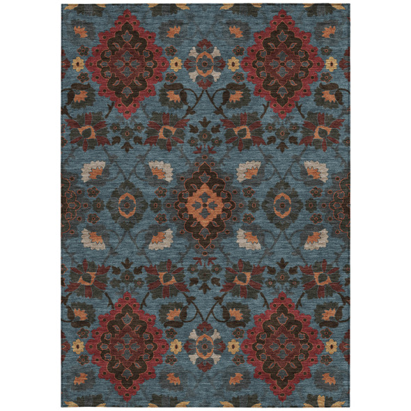 3' X 5' Denim Blue Brick Red And Brown Oriental Washable Indoor Outdoor Area Rug