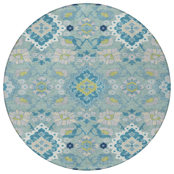 8' Teal Blue Green And Ivory Round Oriental Washable Indoor Outdoor Area Rug