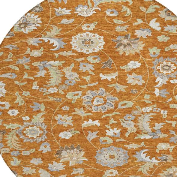 8' Copper Green And Gray Round Floral Washable Indoor Outdoor Area Rug