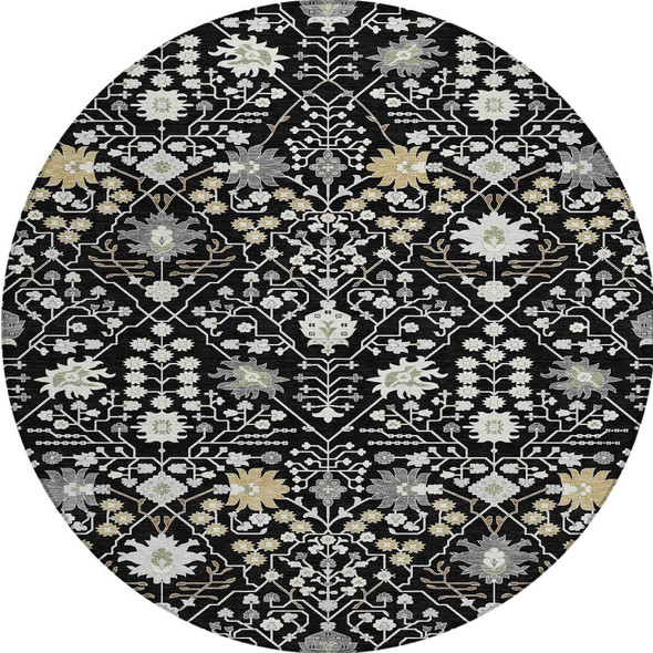 8' Black Ivory And Gray Round Oriental Washable Indoor Outdoor Area Rug