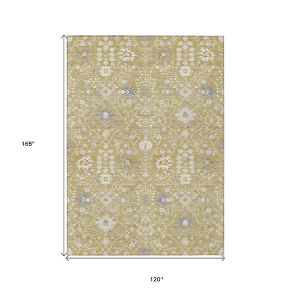 10' X 14' Gold Ivory And Gray Oriental Washable Indoor Outdoor Area Rug