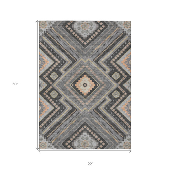 3' X 5' Gray Charcoal And Pink Tribal Washable Indoor Outdoor Area Rug