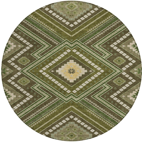 8' Olive Green Gray And Ivory Round Tribal Washable Indoor Outdoor Area Rug