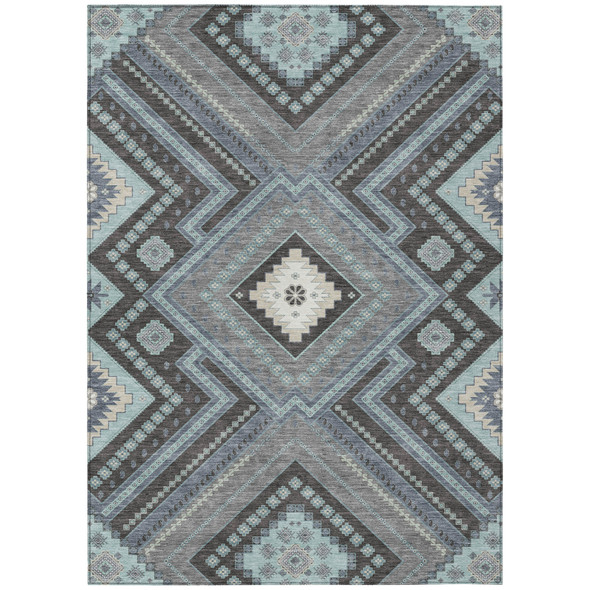 8' X 10' Pewter Charcoal And Sky Blue Tribal Washable Indoor Outdoor Area Rug