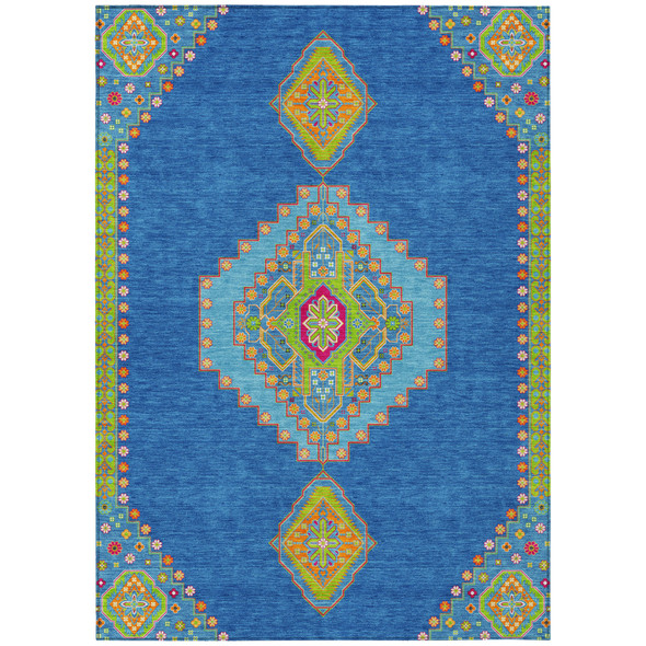 5' X 8' Denim Blue Red And Green Oriental Washable Indoor Outdoor Area Rug