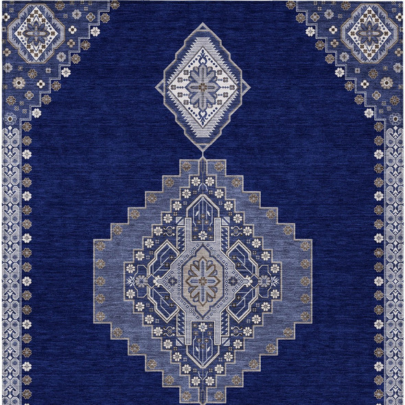 10' X 14' Navy Blue Gray And Brown Oriental Washable Indoor Outdoor Area Rug