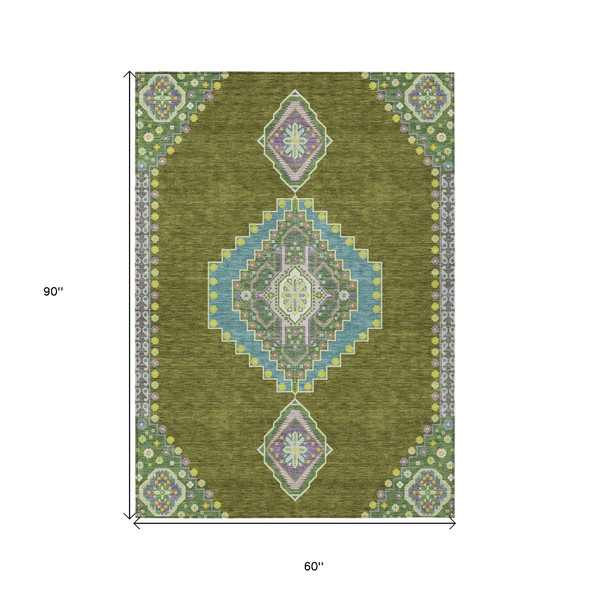 5' X 8' Olive Green Pink And Ivory Oriental Washable Indoor Outdoor Area Rug