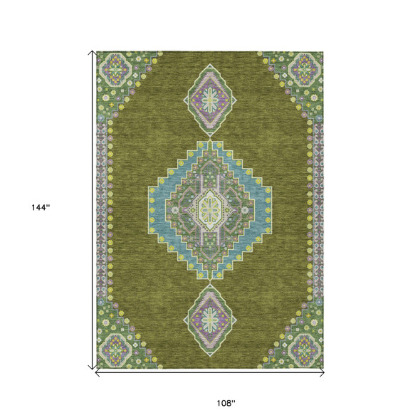 9' X 12' Olive Green Pink And Ivory Oriental Washable Indoor Outdoor Area Rug