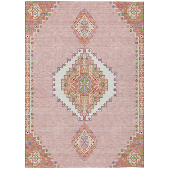 9' X 12' Pink Green And Ivory Oriental Washable Indoor Outdoor Area Rug