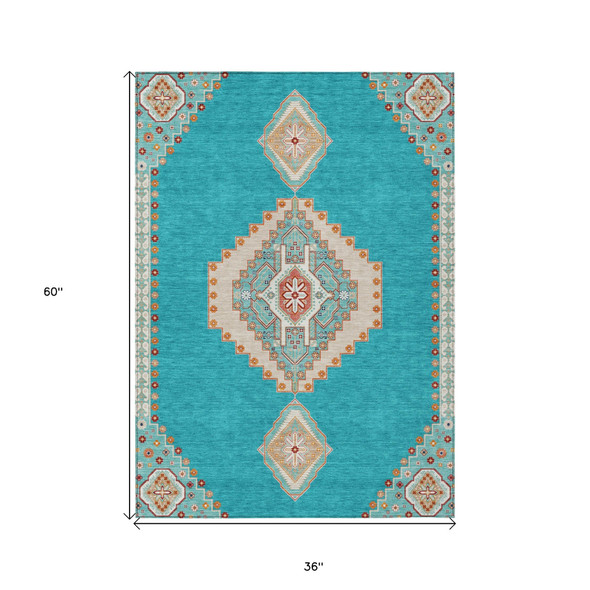 3' X 5' Teal Blue Brown And Ivory Oriental Washable Indoor Outdoor Area Rug