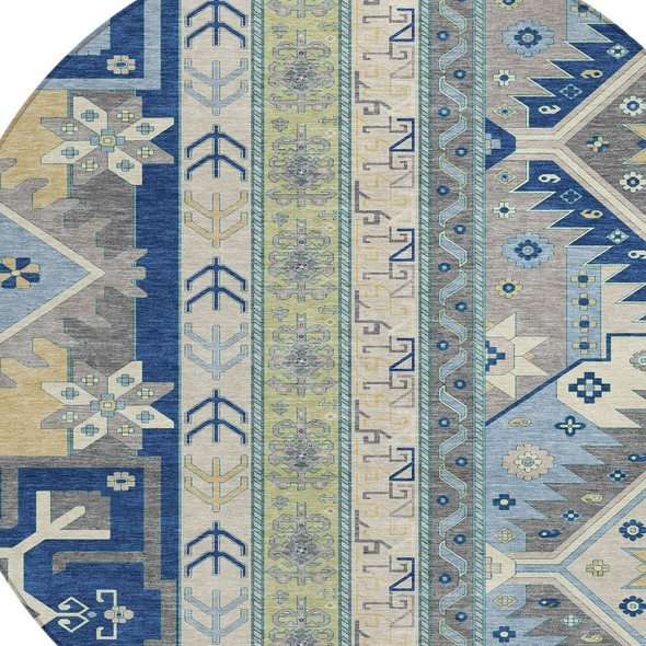 8' Navy Blue Green And Gray Round Aztec Washable Indoor Outdoor Area Rug