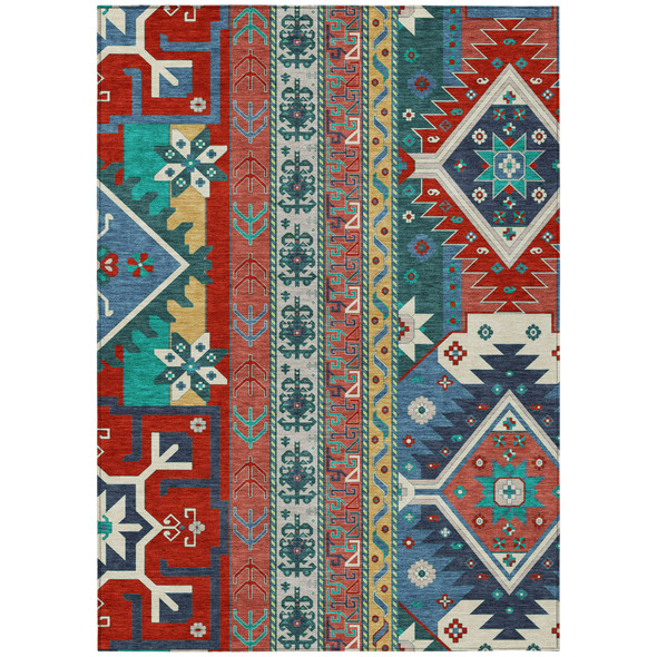 5' X 8' Red Pink And Teal Blue Aztec Washable Indoor Outdoor Area Rug