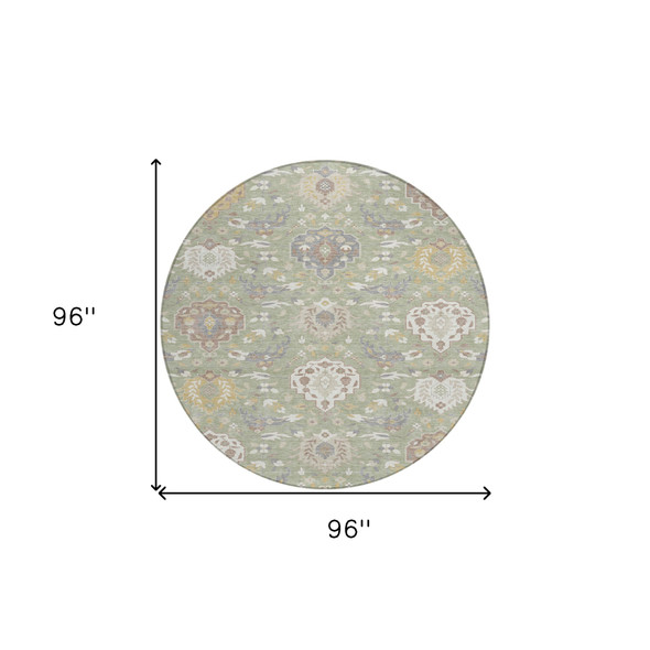 8' Artichoke Green Brown And Ivory Round Damask Washable Indoor Outdoor Area Rug