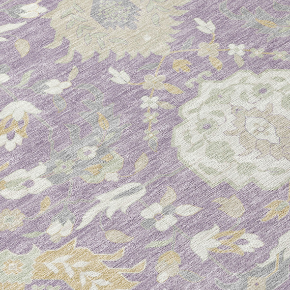 9' X 12' Lavender Gold And Green Damask Washable Indoor Outdoor Area Rug