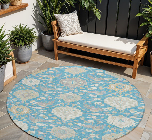 8' Teal Blue Gray And Ivory Round Damask Washable Indoor Outdoor Area Rug