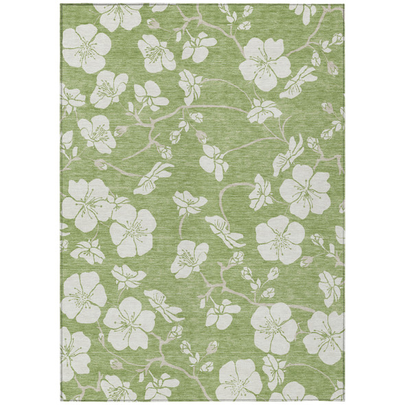 10' X 14' Artichoke Green And Ivory Floral Washable Indoor Outdoor Area Rug
