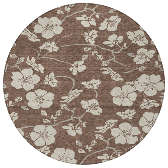 8' Brown And Beige Round Floral Washable Indoor Outdoor Area Rug