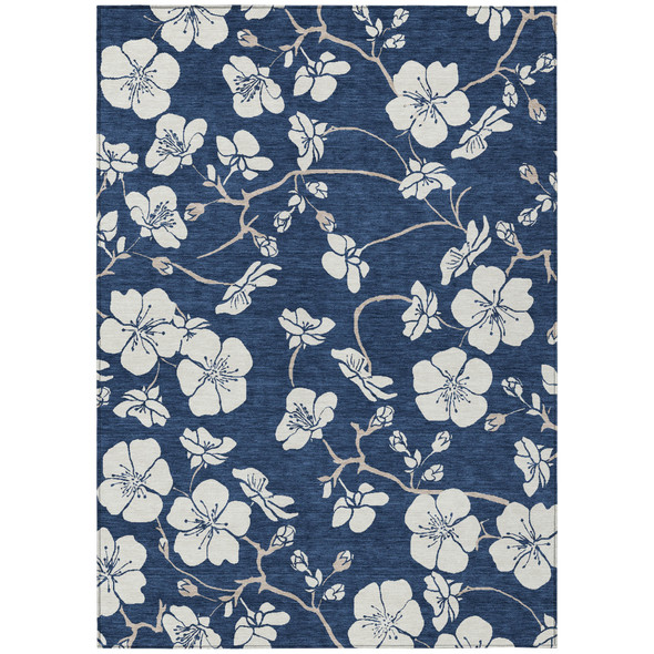 8' X 10' Navy Blue And Ivory Floral Washable Indoor Outdoor Area Rug