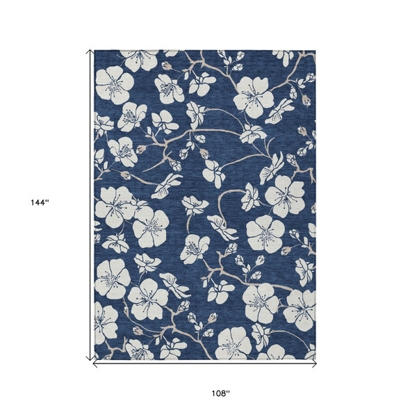 9' X 12' Navy Blue And Ivory Floral Washable Indoor Outdoor Area Rug