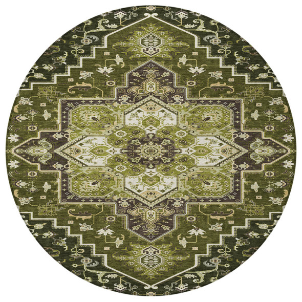 8' Olive Green Ivory And Brown Round Oriental Washable Indoor Outdoor Area Rug