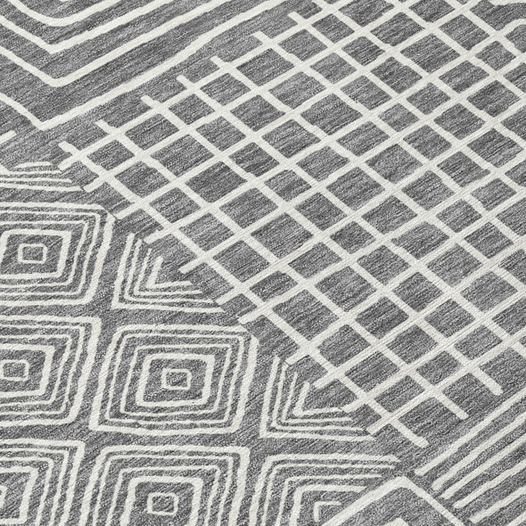 8' Charcoal And Ivory Round Geometric Washable Indoor Outdoor Area Rug