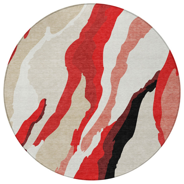 8' Red Black And Beige Round Abstract Washable Indoor Outdoor Area Rug