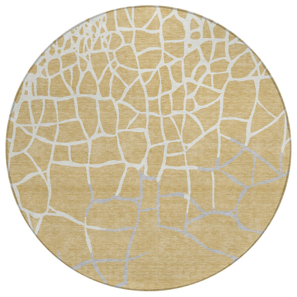 8' Gold And Beige Round Abstract Washable Indoor Outdoor Area Rug
