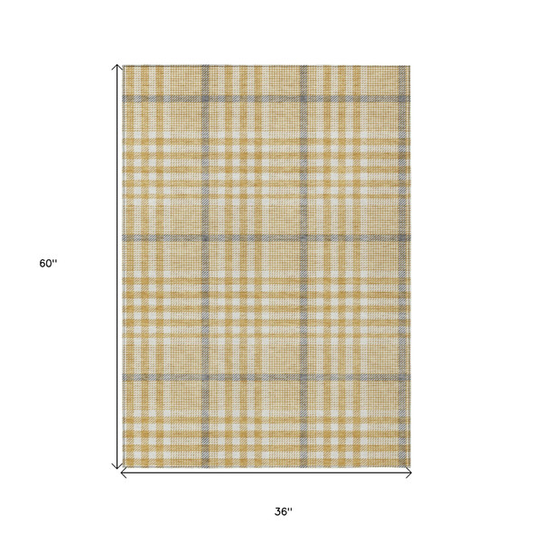 3' X 5' Gold Gray And Beige Plaid Washable Indoor Outdoor Area Rug