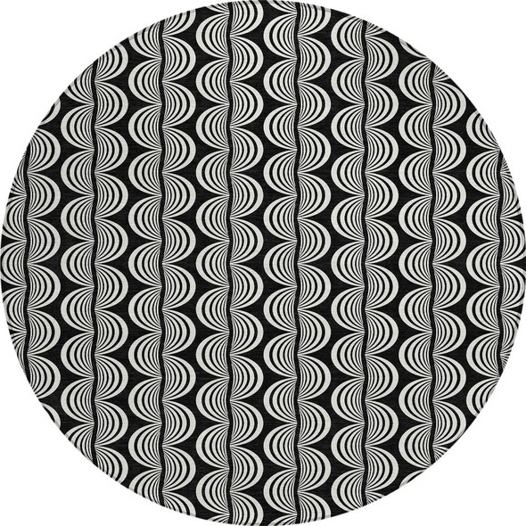 8' Black And Ivory Round Ogee Washable Indoor Outdoor Area Rug