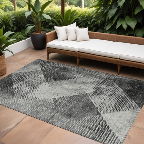 10' X 14' Gray And Black Geometric Washable Indoor Outdoor Area Rug