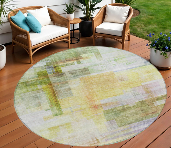 8' Green Yellow And Purple Round Abstract Washable Indoor Outdoor Area Rug