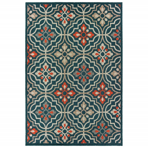 7' X 9' Blue and Orange Moroccan Indoor Outdoor Area Rug