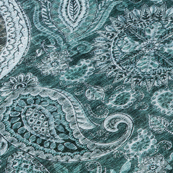8' X 10' Teal Blue And Dark Green Floral Medallion Washable Indoor Outdoor Area Rug
