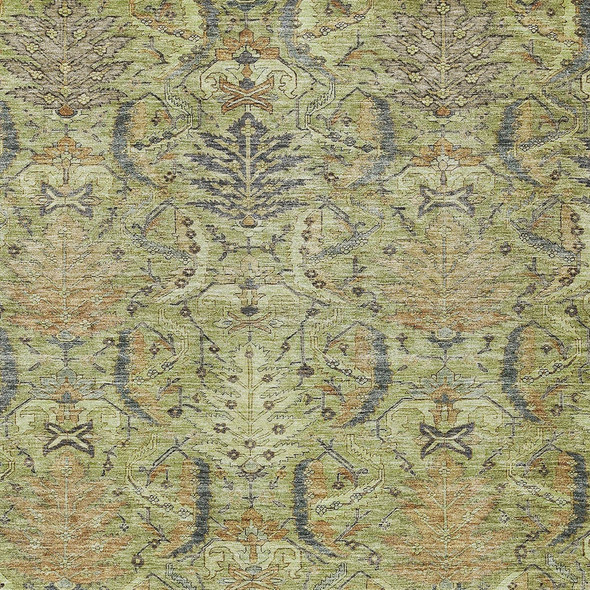 9' X 12' Artichoke Green Gray And Tan Damask Washable Indoor Outdoor Area Rug