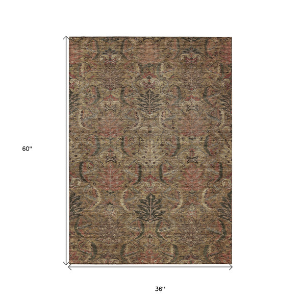 3' X 5' Brown Charcoal And Brick Red Damask Washable Indoor Outdoor Area Rug