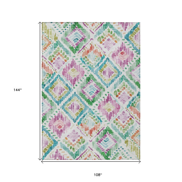 9' X 12' Teal Blue Green And Purple Geometric Washable Indoor Outdoor Area Rug